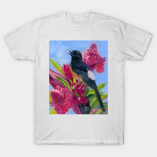 Shama Bird with Ginger Flowers T-Shirt by wendyroberts